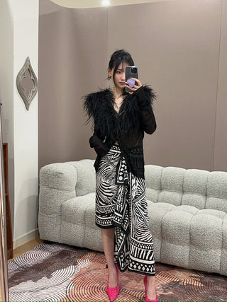 BLUMARINE - Asymmetrical Twill Sarong Skirt with Foulard Print in Black & White