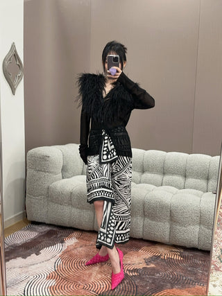 BLUMARINE - Knit Cardigan with Feathered Neck in Black