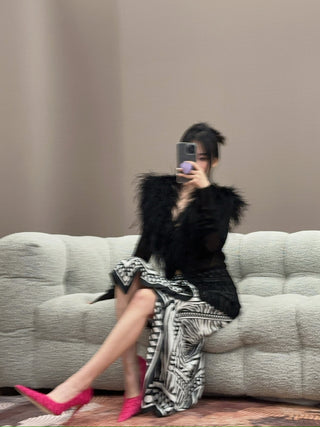 BLUMARINE - Knit Cardigan with Feathered Neck in Black