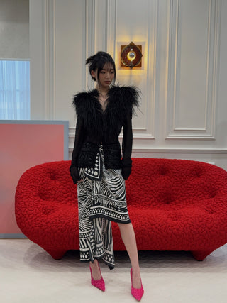 BLUMARINE - Knit Cardigan with Feathered Neck in Black