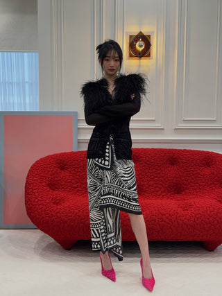 BLUMARINE - Knit Cardigan with Feathered Neck in Black