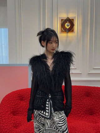 BLUMARINE - Knit Cardigan with Feathered Neck in Black