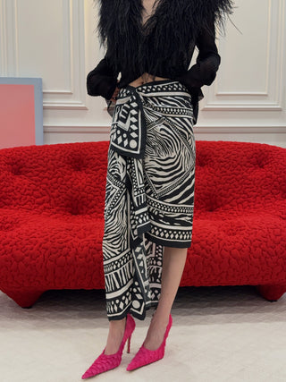 BLUMARINE - Asymmetrical Twill Sarong Skirt with Foulard Print in Black & White