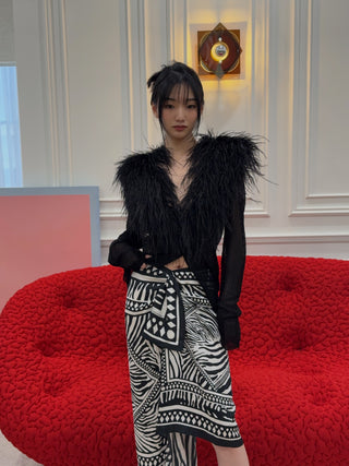 BLUMARINE - Knit Cardigan with Feathered Neck in Black