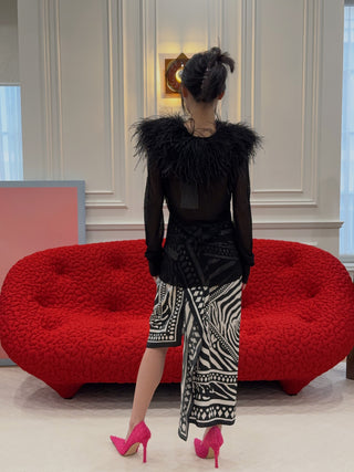 BLUMARINE - Knit Cardigan with Feathered Neck in Black