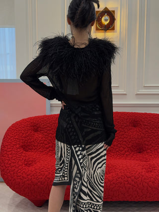 BLUMARINE - Knit Cardigan with Feathered Neck in Black