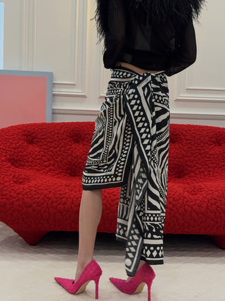 BLUMARINE - Asymmetrical Twill Sarong Skirt with Foulard Print in Black & White