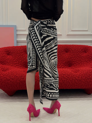 BLUMARINE - Asymmetrical Twill Sarong Skirt with Foulard Print in Black & White