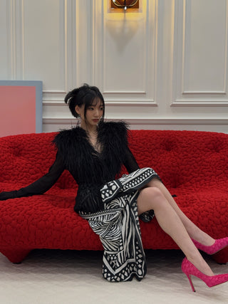 BLUMARINE - Asymmetrical Twill Sarong Skirt with Foulard Print in Black & White