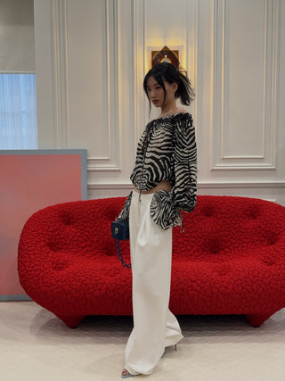 BLUMARINE - ZABRA - PRINT CHIFFON TOP / WHITE / BLACK