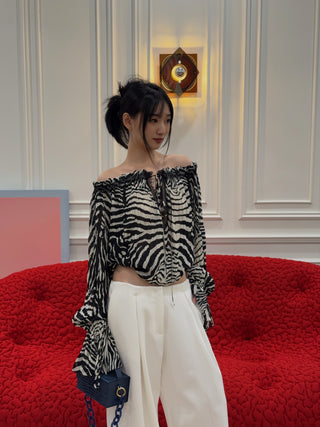 BLUMARINE - ZABRA - PRINT CHIFFON TOP / WHITE / BLACK