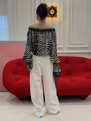 BLUMARINE - ZABRA - PRINT CHIFFON TOP / WHITE / BLACK