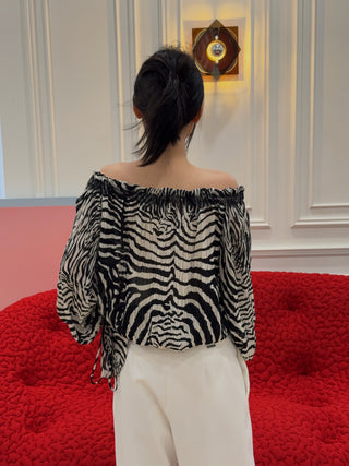 BLUMARINE - ZABRA - PRINT CHIFFON TOP / WHITE / BLACK
