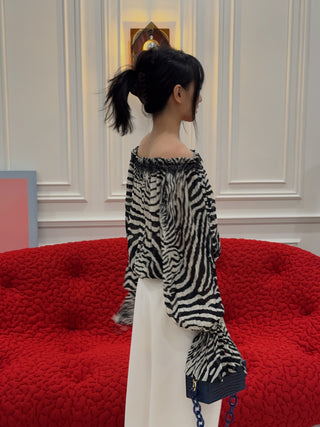 BLUMARINE - ZABRA - PRINT CHIFFON TOP / WHITE / BLACK