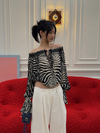 BLUMARINE - ZABRA - PRINT CHIFFON TOP / WHITE / BLACK