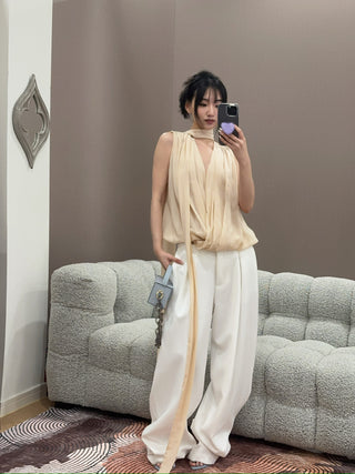 BLUMARINE - Georgette Wrap Top with Pussy-bow in Amber