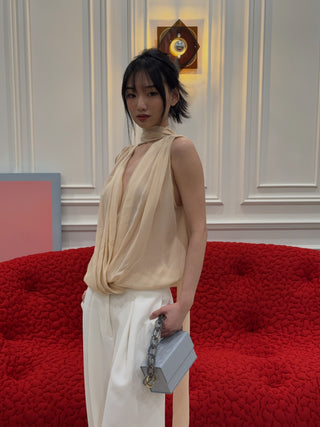 BLUMARINE - Georgette Wrap Top with Pussy-bow in Amber