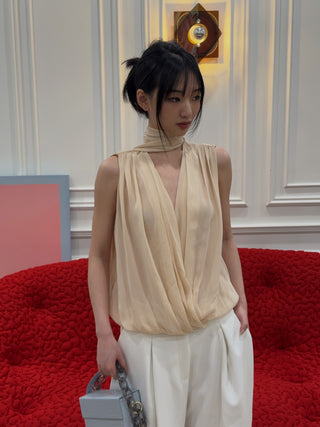 BLUMARINE - Georgette Wrap Top with Pussy-bow in Amber