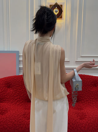 BLUMARINE - Georgette Wrap Top with Pussy-bow in Amber