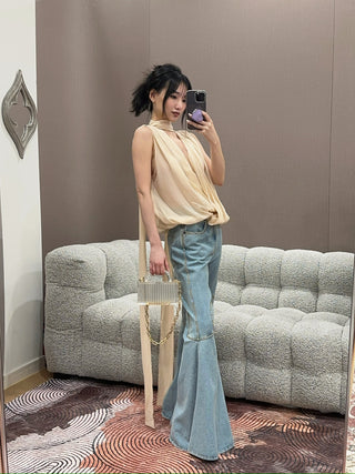 BLUMARINE - Georgette Wrap Top with Pussy-bow in Amber