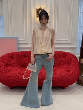 BLUMARINE - Georgette Wrap Top with Pussy-bow in Amber