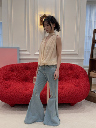 BLUMARINE - Georgette Wrap Top with Pussy-bow in Amber