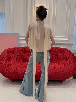 BLUMARINE - Georgette Wrap Top with Pussy-bow in Amber