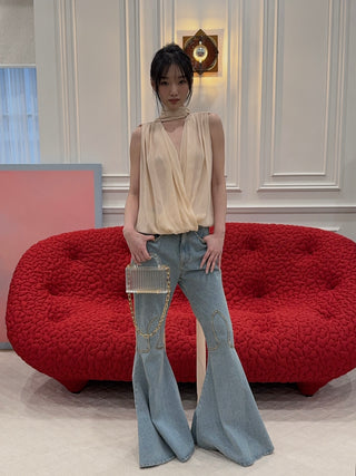 BLUMARINE - Georgette Wrap Top with Pussy-bow in Amber