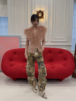 BLUMARINE - Knit Cardigan with Feathered Neck in Pink Eyeshadow