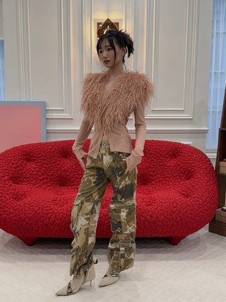 BLUMARINE - Knit Cardigan with Feathered Neck in Pink Eyeshadow