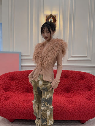 BLUMARINE - Knit Cardigan with Feathered Neck in Pink Eyeshadow