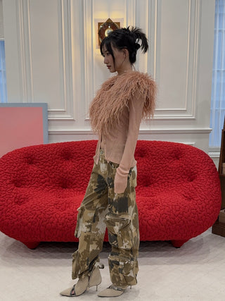 BLUMARINE - Knit Cardigan with Feathered Neck in Pink Eyeshadow