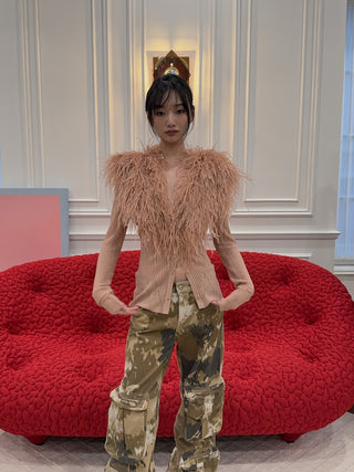 BLUMARINE - Knit Cardigan with Feathered Neck in Pink Eyeshadow