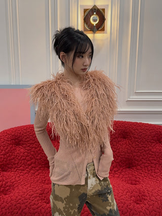 BLUMARINE - Knit Cardigan with Feathered Neck in Pink Eyeshadow