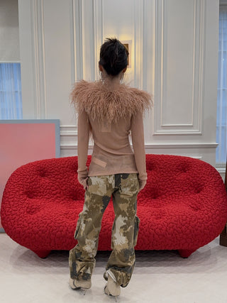 BLUMARINE - Knit Cardigan with Feathered Neck in Pink Eyeshadow