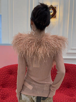 BLUMARINE - Knit Cardigan with Feathered Neck in Pink Eyeshadow