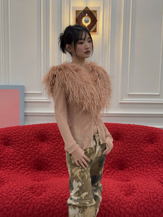 BLUMARINE - Knit Cardigan with Feathered Neck in Pink Eyeshadow