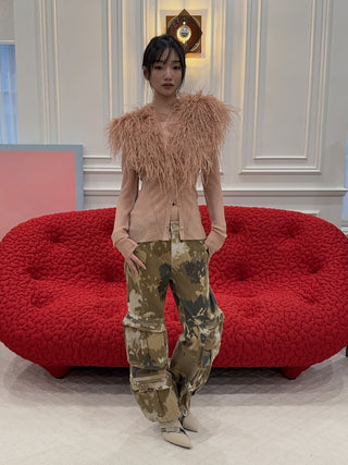 BLUMARINE - Knit Cardigan with Feathered Neck in Pink Eyeshadow