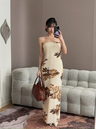 MAGDA BUTRYM - Strapless Floral Print Dress in Cream
