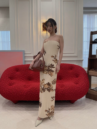 MAGDA BUTRYM - Strapless Floral Print Dress in Cream