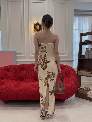 MAGDA BUTRYM - Strapless Floral Print Dress in Cream