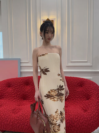 MAGDA BUTRYM - Strapless Floral Print Dress in Cream