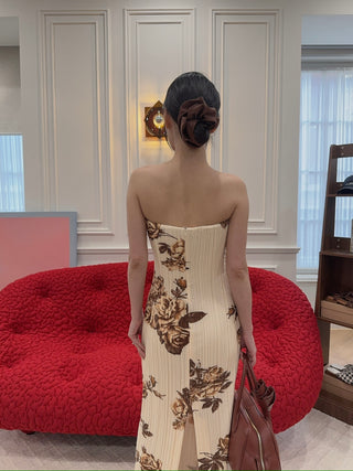 MAGDA BUTRYM - Strapless Floral Print Dress in Cream