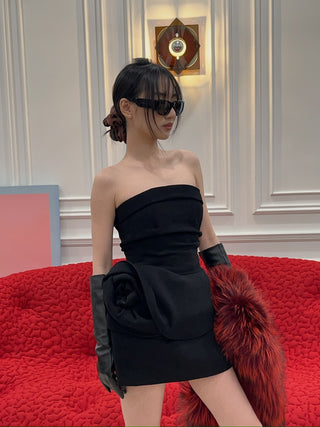 MAGDA BUTRYM - Strapless Mini Dress with Sculptural Peplum in Black