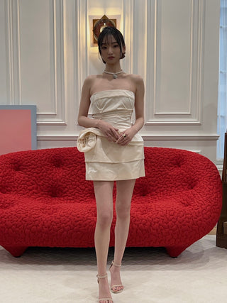 MAGDA BUTRYM - Strapless Mini Dress with Lace-trimmed Peplum in Cream