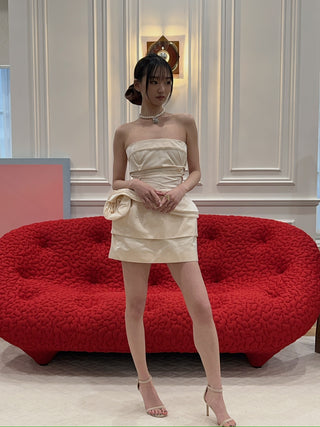 MAGDA BUTRYM - Strapless Mini Dress with Lace-trimmed Peplum in Cream