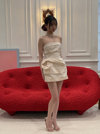 MAGDA BUTRYM - Strapless Mini Dress with Lace-trimmed Peplum in Cream