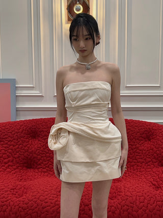 MAGDA BUTRYM - Strapless Mini Dress with Lace-trimmed Peplum in Cream