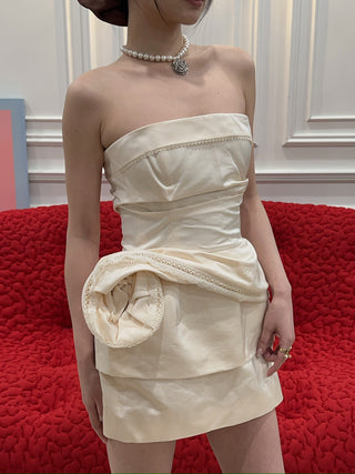 MAGDA BUTRYM - Strapless Mini Dress with Lace-trimmed Peplum in Cream