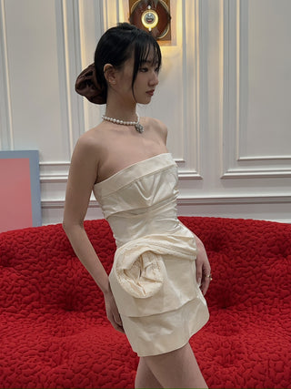 MAGDA BUTRYM - Strapless Mini Dress with Lace-trimmed Peplum in Cream